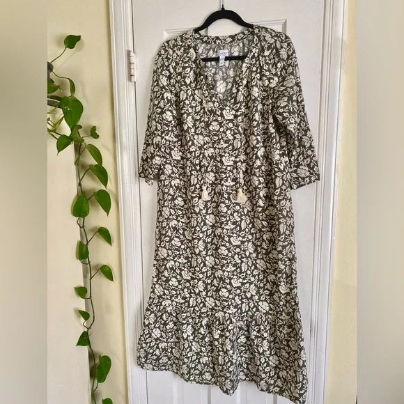 NWOT Denim & Co Naturals Floral Midi Dress, Women’s Size Small, QVC Olive Linen - Picture 3 of 7